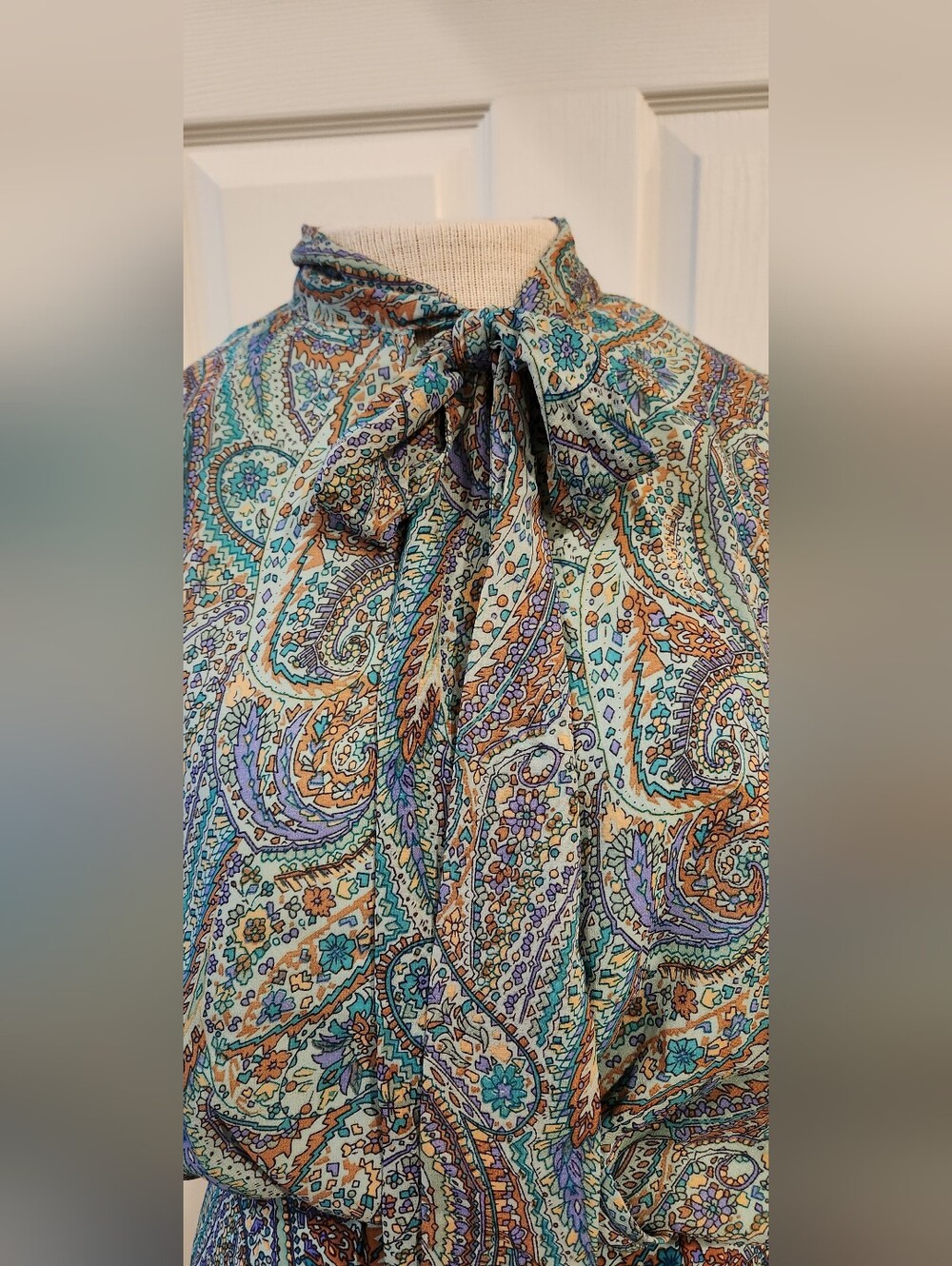 entro Paisley Tie-Neck Midi Dress in Teal, Lavender and Tan